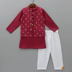Fashion Maroon Ethnic Kurta With Floral Sequins Embroidered Jacket And Pyjama BOY Indian Ethnic Wear | Ethnic Sets