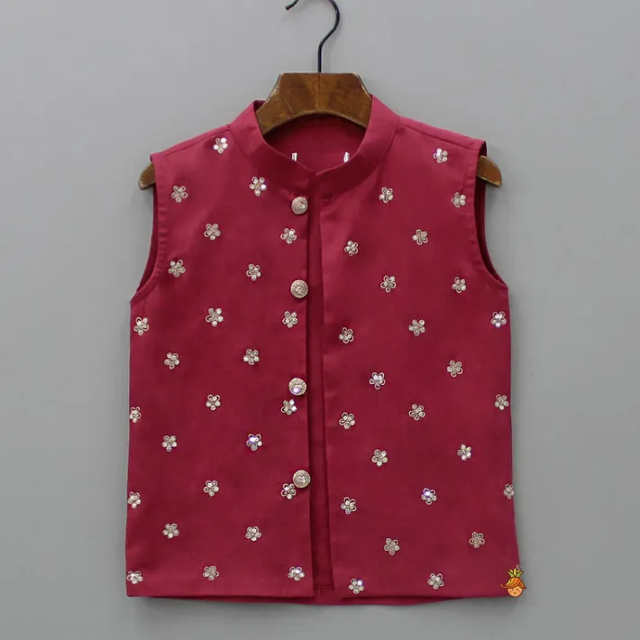 Fashion Maroon Ethnic Kurta With Floral Sequins Embroidered Jacket And Pyjama BOY Indian Ethnic Wear | Ethnic Sets