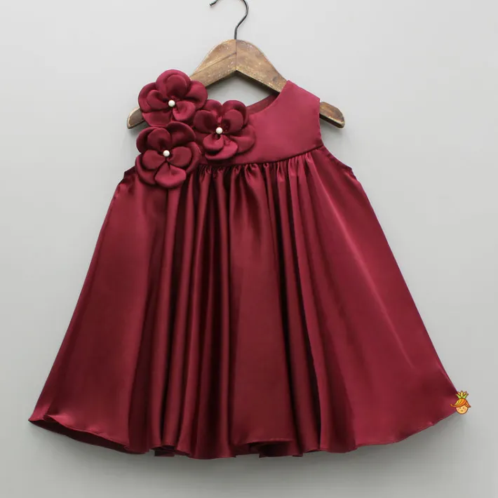 Clearance Maroon Flared Dress With Floral Embellishments Dresses & Sets | Dresses