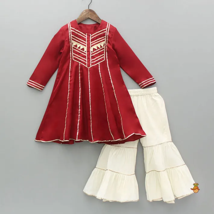 Best Maroon Gota Lace Work Kurti With Tiered Sharara Ethnic Wear | Palazzos & Shararas