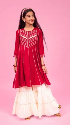 Best Maroon Gota Lace Work Kurti With Tiered Sharara Ethnic Wear | Palazzos & Shararas