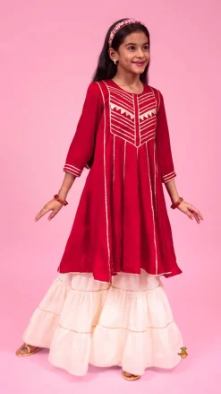 Best Maroon Gota Lace Work Kurti With Tiered Sharara Ethnic Wear | Palazzos & Shararas