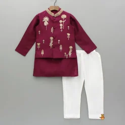 Fashion Maroon Kurta With Embroidered Jacket And Pyjama BOY Indian Ethnic Wear | Ethnic Sets