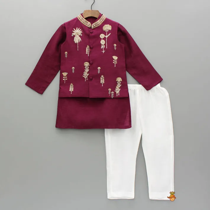 Fashion Maroon Kurta With Embroidered Jacket And Pyjama BOY Indian Ethnic Wear | Ethnic Sets