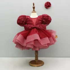 New Maroon Sequined Ruffled Dress With Bows And Matching Swirled Bow Hairclip Dresses & Sets | Dresses