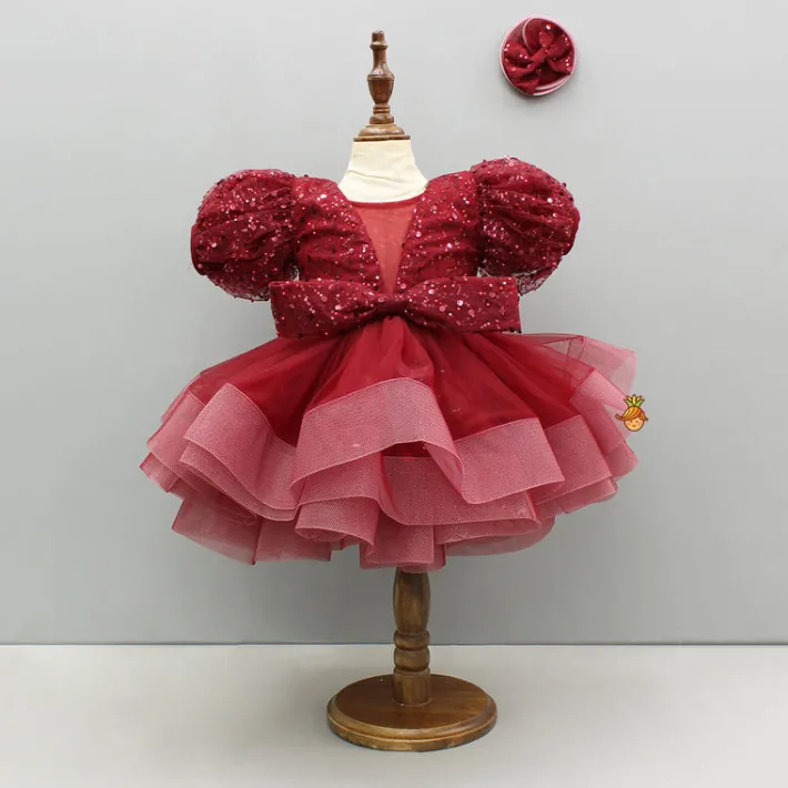 New Maroon Sequined Ruffled Dress With Bows And Matching Swirled Bow Hairclip Dresses & Sets | Dresses