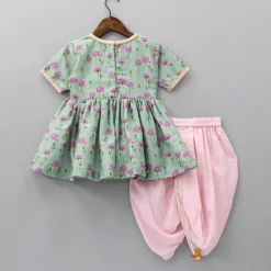 Best Mint Green Angarkha Style Top And Gota Lace Detailed Baby Pink Dhoti With Matching Mukut Ethnic Wear | Dhotis & Patialas