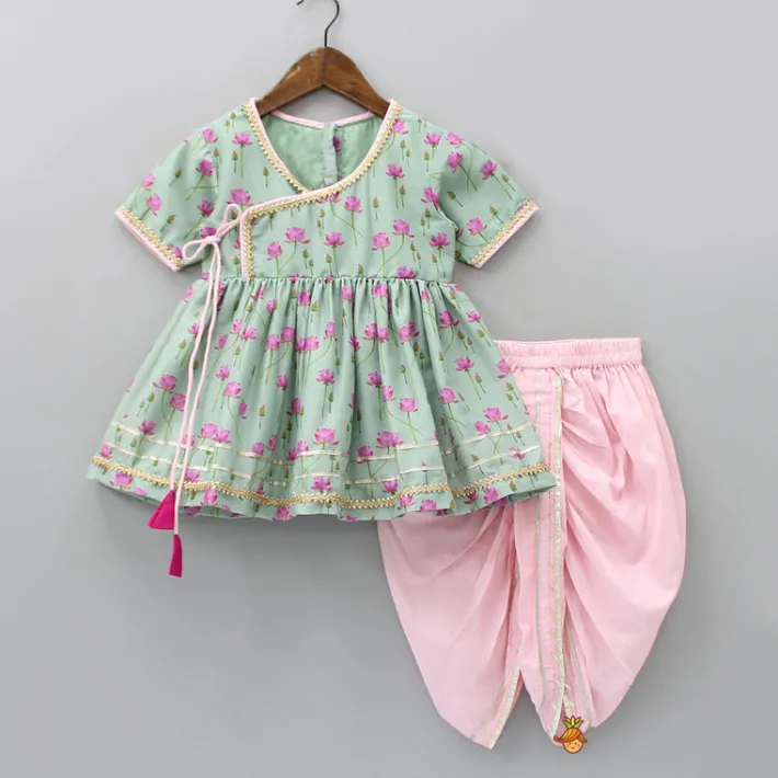 Best Mint Green Angarkha Style Top And Gota Lace Detailed Baby Pink Dhoti With Matching Mukut Ethnic Wear | Dhotis & Patialas