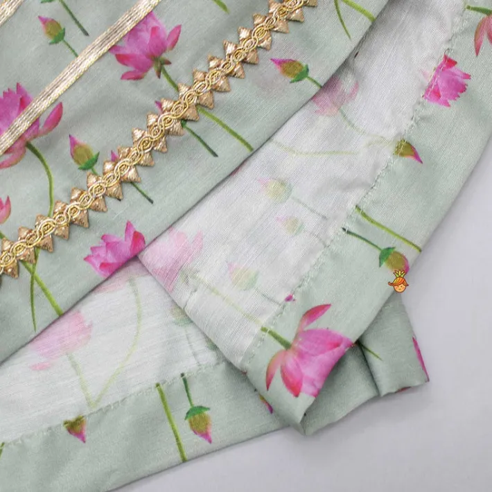 Hot Mint Green Angarkha Style Top And Gota Lace Detailed Baby Pink Dhoti With Matching Mukut Ethnic Wear | Dhotis & Patialas
