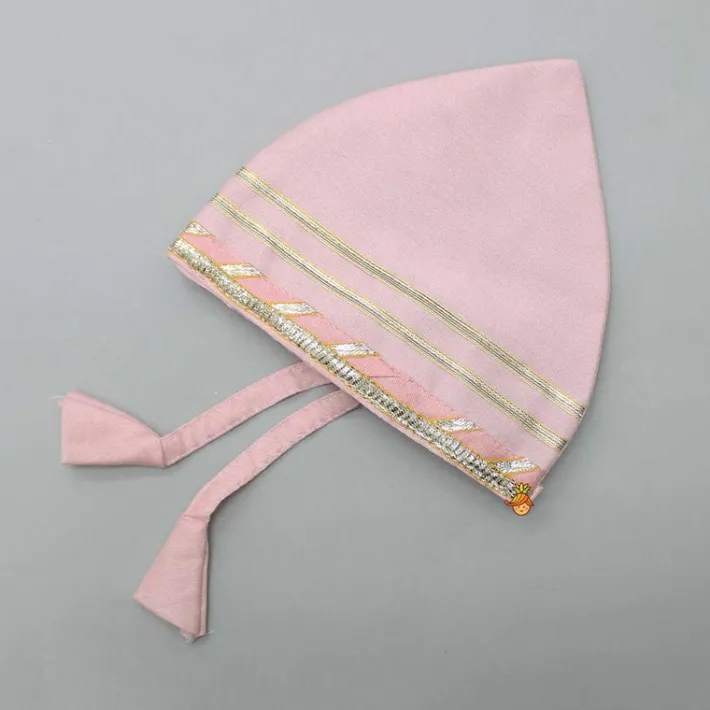 Hot Mint Green Angarkha Style Top And Gota Lace Detailed Baby Pink Dhoti With Matching Mukut Ethnic Wear | Dhotis & Patialas