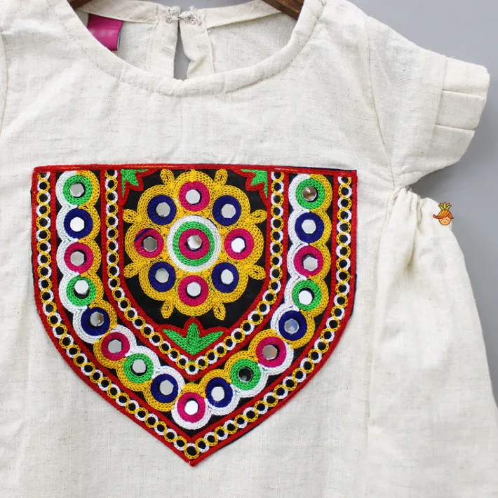 Clearance Mirror Work Beige Short Kurti Ethnic Wear | Kurtis & Jumpsuits