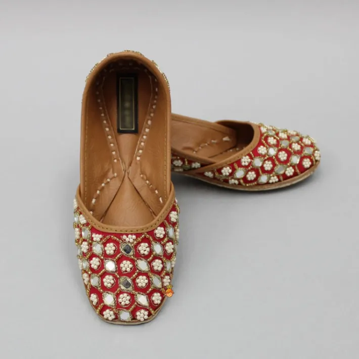 Discount Mirror Work Crimson Red Pearly Floral Jutti Shoes