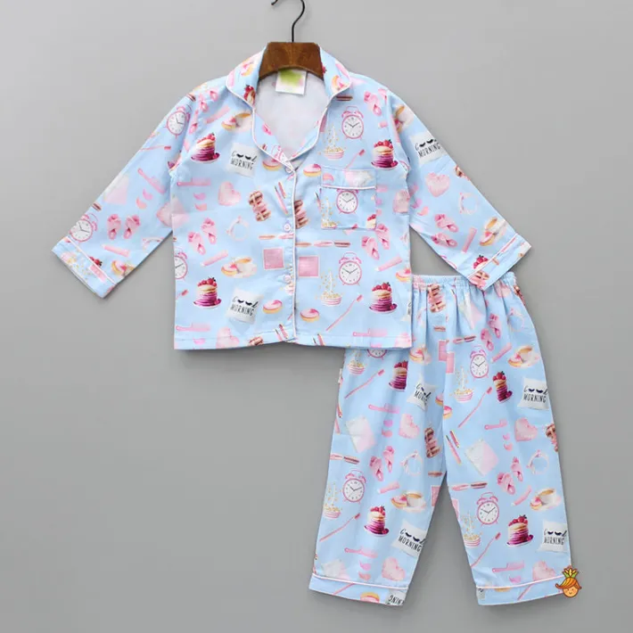 Hot Morning Theme Printed Pure Cotton Blue Sleepwear Sleepwear