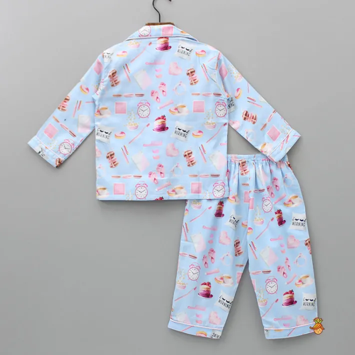 Hot Morning Theme Printed Pure Cotton Blue Sleepwear Sleepwear