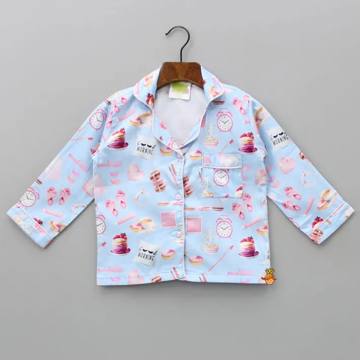 Hot Morning Theme Printed Pure Cotton Blue Sleepwear Sleepwear