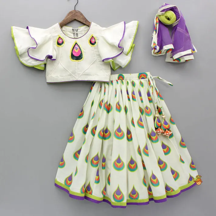 Online Morpankh Print Frill Top And Ghagra With Dupatta Ethnic Wear | Lehengas & Ghagras