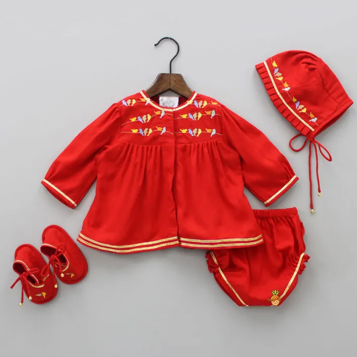 Outlet Multi Colour Bird Embroidered Jamna With Matching Cap And Booties Twinning Sets | Baby Essentials