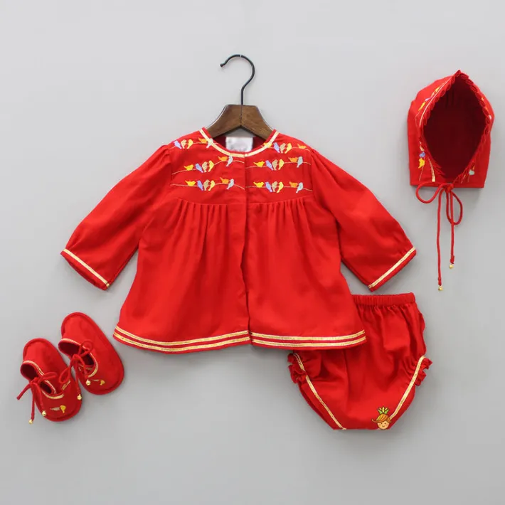 Outlet Multi Colour Bird Embroidered Jamna With Matching Cap And Booties Twinning Sets | Baby Essentials