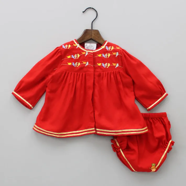 Outlet Multi Colour Bird Embroidered Jamna With Matching Cap And Booties Twinning Sets | Baby Essentials