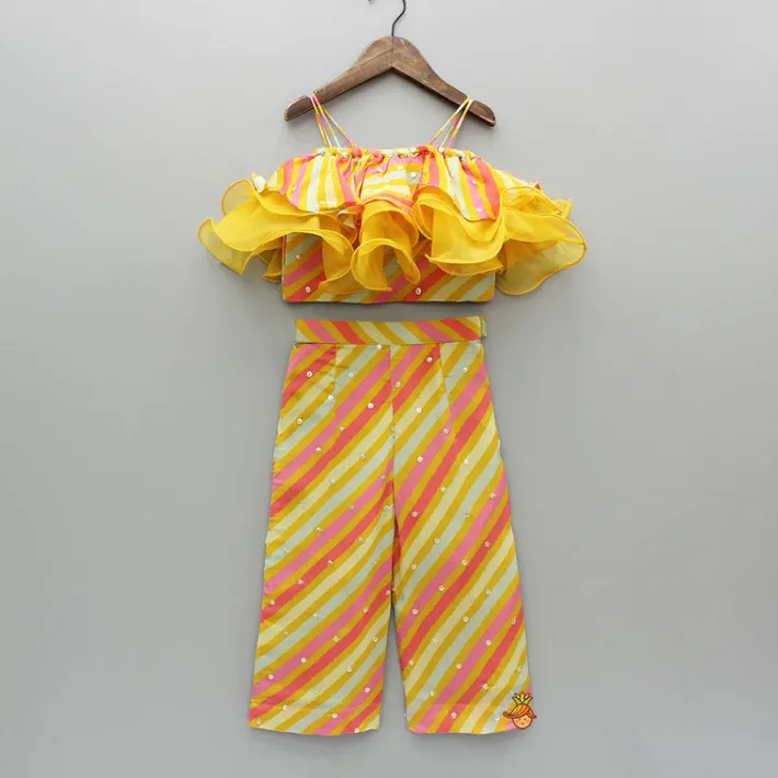 Discount Multicolor Striped Printed Embroidered Strappy Ruffle Detail Cape Top With Inner And Palazzo Ethnic Wear | Palazzos & Shararas