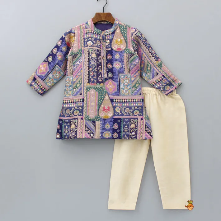Fashion Multicolour Brocade Embroidered Kurta With Beige Colour Pyjama BOY Indian Ethnic Wear | Ethnic Sets