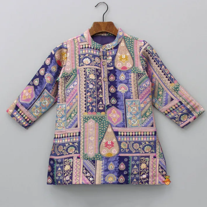 Fashion Multicolour Brocade Embroidered Kurta With Beige Colour Pyjama BOY Indian Ethnic Wear | Ethnic Sets