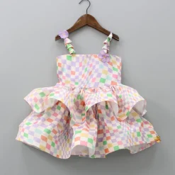 Clearance Multicolour Checks Layered Dress With Heart Shaped Sling Bag Dresses & Sets | Dresses