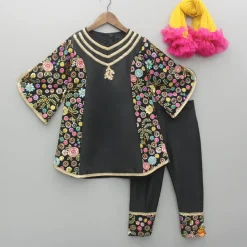 Hot Multicolour Embroidered Black Kurti With Pant And Dupatta Twinning Sets | Ethnic Wear