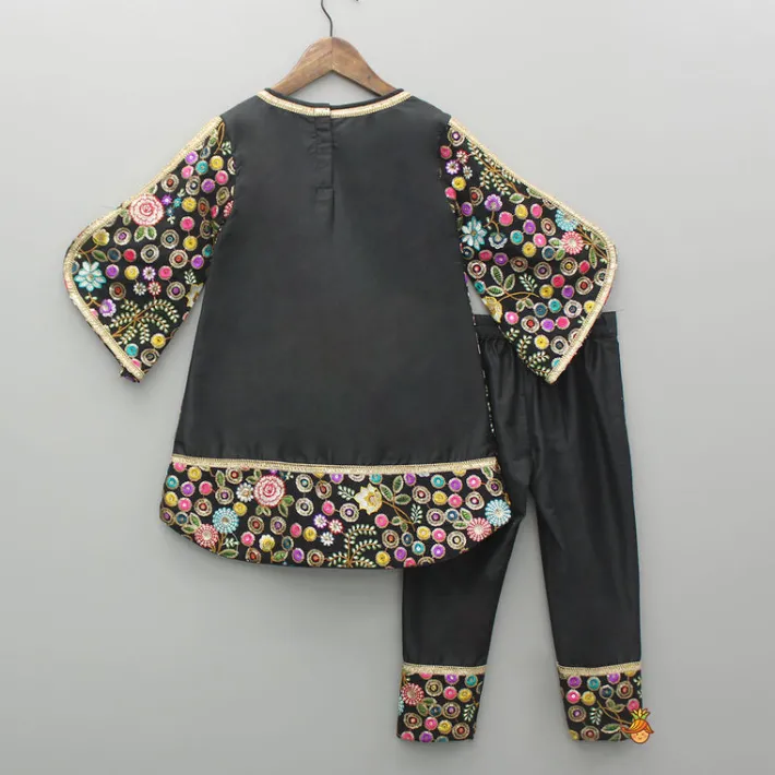 Hot Multicolour Embroidered Black Kurti With Pant And Dupatta Twinning Sets | Ethnic Wear
