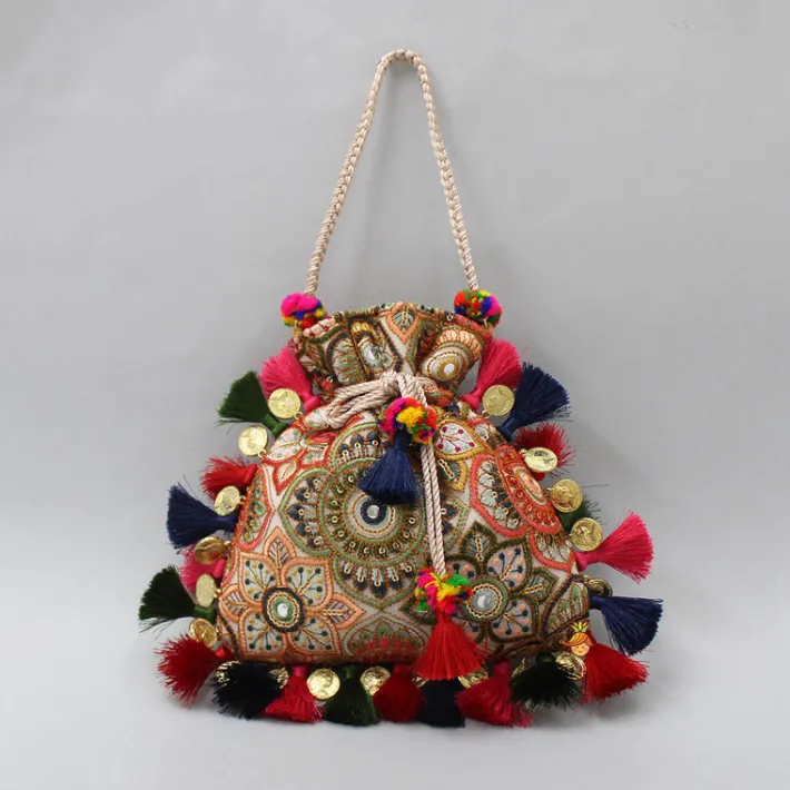 Fashion Multicolour Embroidered Fringed Tassels Detailed Potli Bag Bags