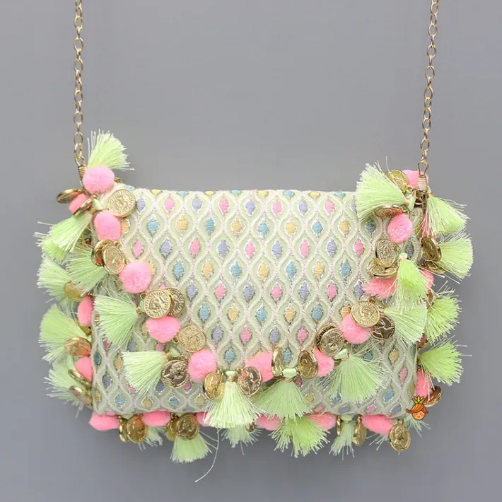 Discount Multicolour Embroidered Green Sling Bag Bags
