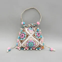 Hot Multicolour Embroidered Pom Pom Tassels Detailed Potli Bag Bags