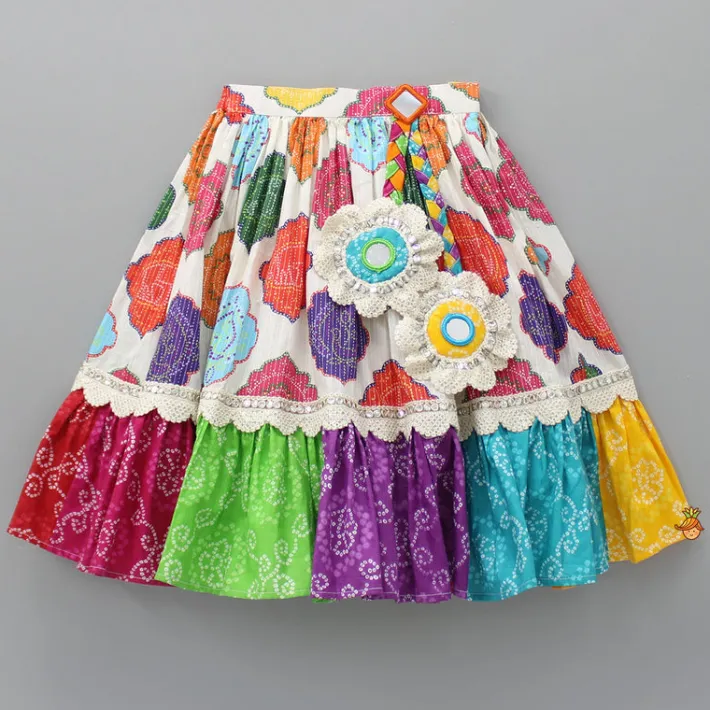 Sale Multicolour Embroidered Strappy Top And Printed Lehenga With Dupatta Ethnic Wear | Lehengas & Ghagras