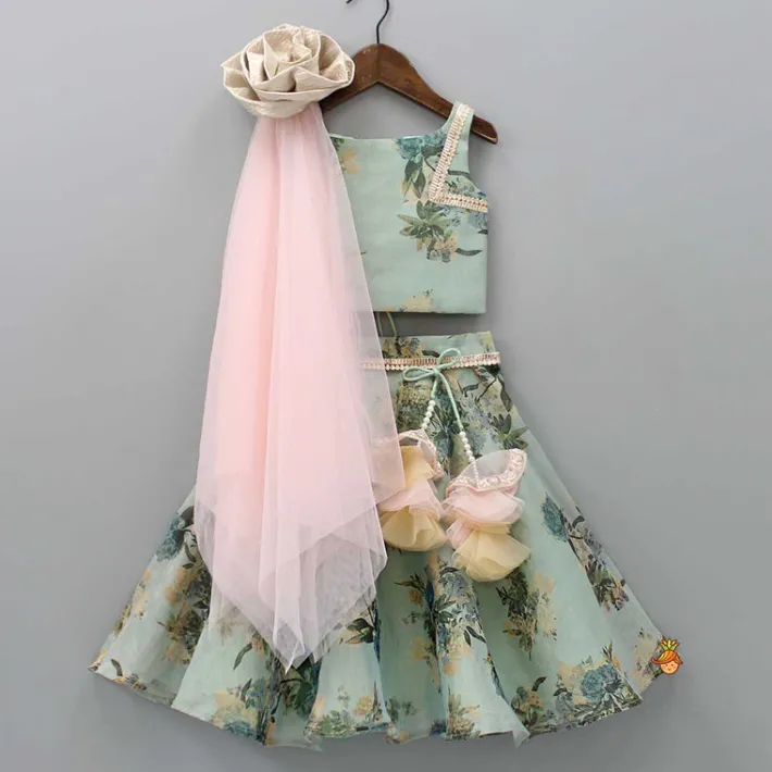 Discount Multicolour Floral Printed Tie Up Top With Lehenga And Net Dupatta Ethnic Wear | Lehengas & Ghagras