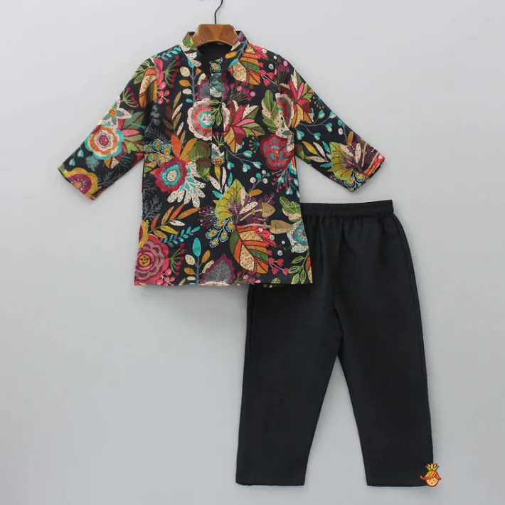 Fashion Multicolour Floral Printed Kurta And Black Pyjama BOY Indian Ethnic Wear | Ethnic Sets