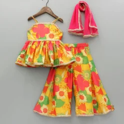 New Multicolour Floral Printed Strappy Top And Palazzo With Dupatta Twinning Sets | Ethnic Wear