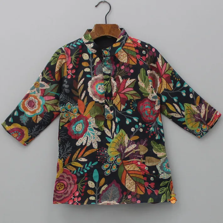 Fashion Multicolour Floral Printed Kurta And Black Pyjama BOY Indian Ethnic Wear | Ethnic Sets