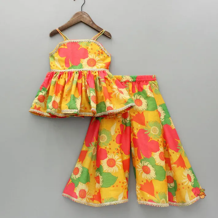 New Multicolour Floral Printed Strappy Top And Palazzo With Dupatta Twinning Sets | Ethnic Wear