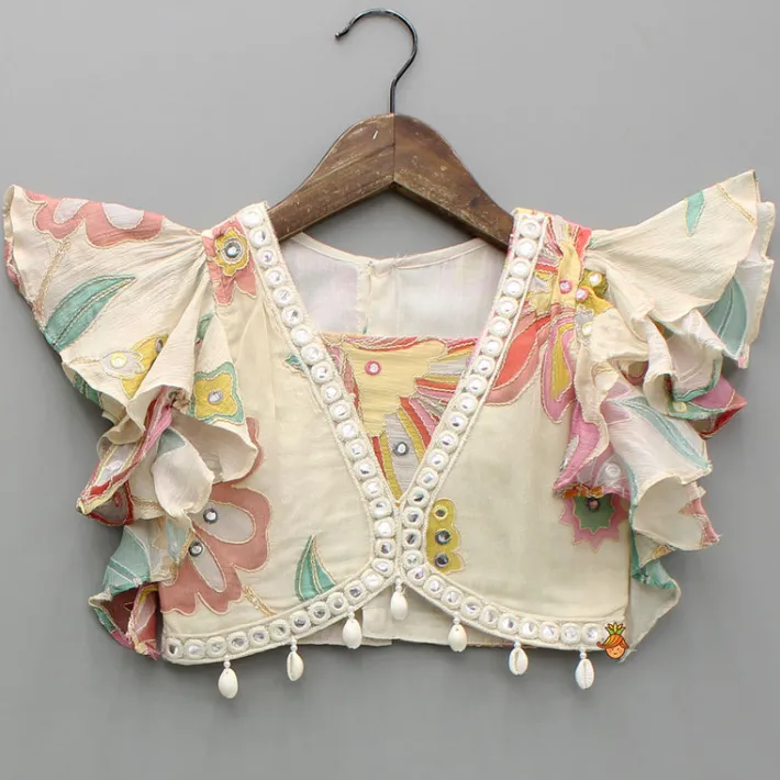 Hot Multicolour Floral Printed And Embroidered Ivory Top With Matching Lehenga And Dupatta Ethnic Wear | Lehengas & Ghagras