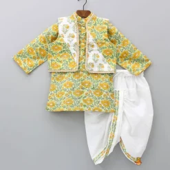 Outlet Multicolour Hand Block Printed Kurta With Lace Work Jacket And White Lurex Striped Dhoti BOY Twinning Sets | Indian Ethnic Wear