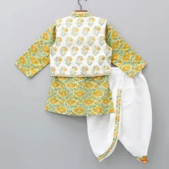Outlet Multicolour Hand Block Printed Kurta With Lace Work Jacket And White Lurex Striped Dhoti BOY Twinning Sets | Indian Ethnic Wear