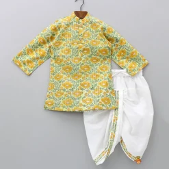 Outlet Multicolour Hand Block Printed Kurta With Lace Work Jacket And White Lurex Striped Dhoti BOY Twinning Sets | Indian Ethnic Wear
