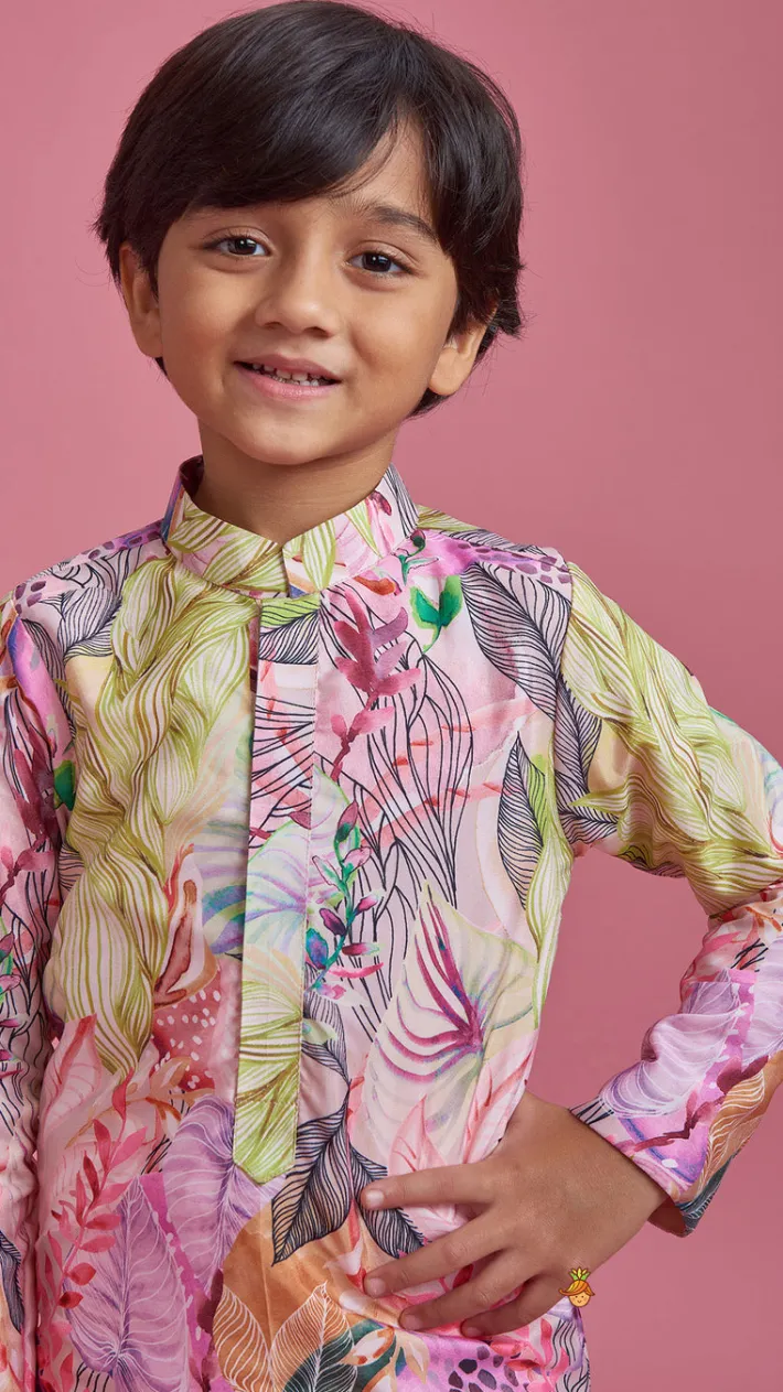 Online Multicolour Leaf Printed Peach Ethnic Kurta And Churidar BOY Indian Ethnic Wear | Ethnic Sets