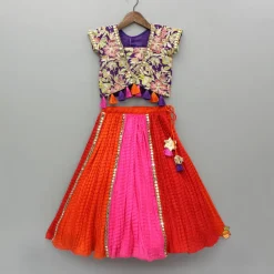 Sale Multicolour Printed Embroidered Top And Colour Block Lehenga With Dupatta Ethnic Wear | Lehengas & Ghagras