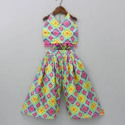 Fashion Multicolour Printed Halter Neck Top And Flared Palazzo Ethnic Wear | Palazzos & Shararas