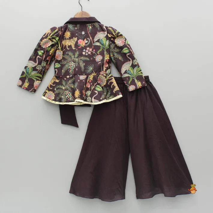 Hot Multicolour Printed Jacket Style Peplum Top And Flared Palazzo Ethnic Wear | Palazzos & Shararas