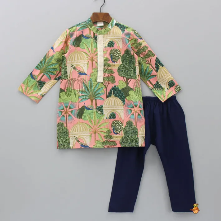 Fashion Multicolour Printed Kurta With Sequins Embellished Panel And Blue Pyjama BOY Indian Ethnic Wear | Ethnic Sets
