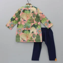 Fashion Multicolour Printed Kurta With Sequins Embellished Panel And Blue Pyjama BOY Indian Ethnic Wear | Ethnic Sets