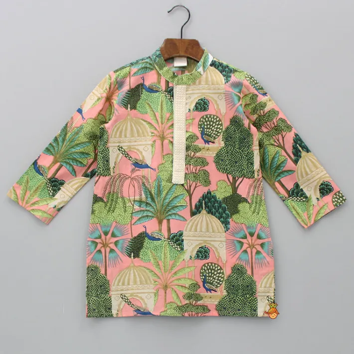 Fashion Multicolour Printed Kurta With Sequins Embellished Panel And Blue Pyjama BOY Indian Ethnic Wear | Ethnic Sets