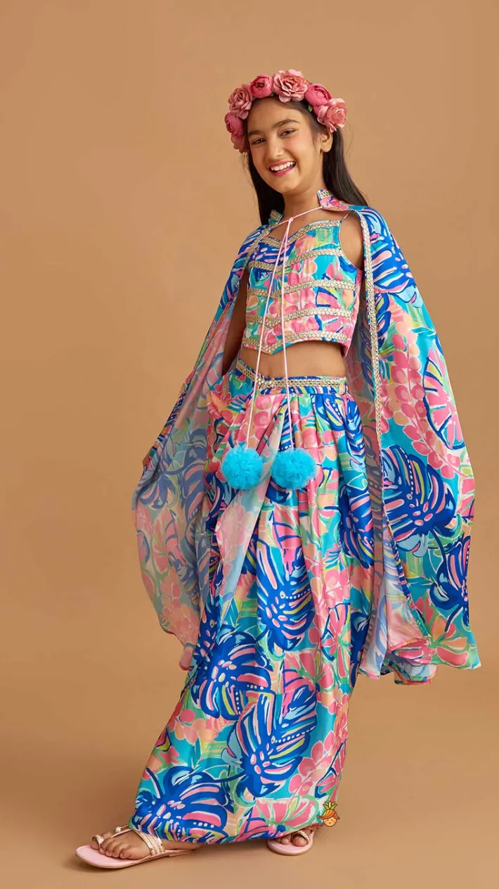 Online Multicolour Printed Lace Work Top With Cape And Dhoti Style Skirt Ethnic Wear | Dhotis & Patialas